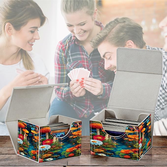 Card Deck Box for MTG, Cards Storage Box Fits 120+ Sleeved, Leather Small Size Strong Magnetic Closing Card Case for Board Games Magic TCG CCG Baseball Collection, Mushroom Red Flower