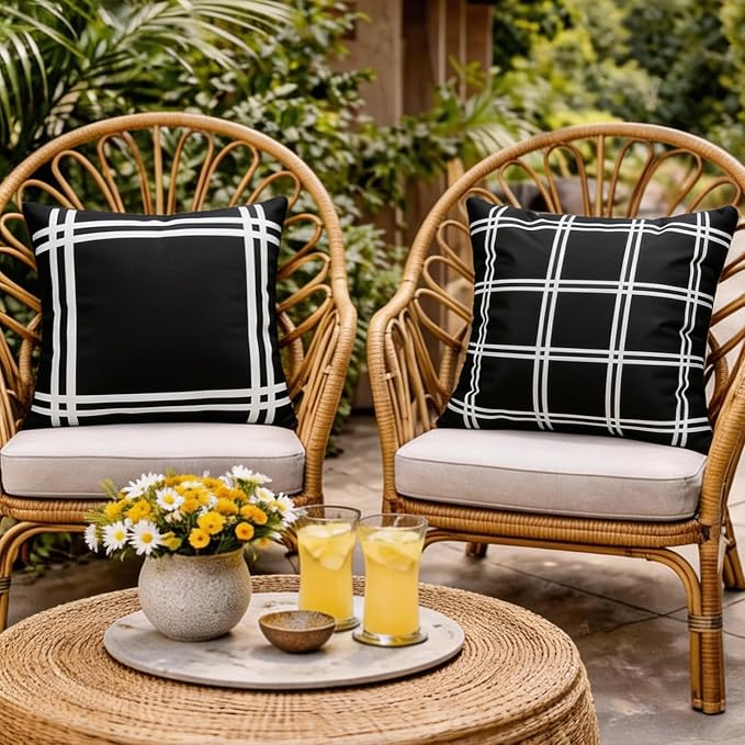Set of 2 Outdoor Waterproof Pillow Covers 18x18 Black Plaid | Classic Black and White Plaid Pattern Brings Farmhouse Charm to Indoor and Outdoor Decor