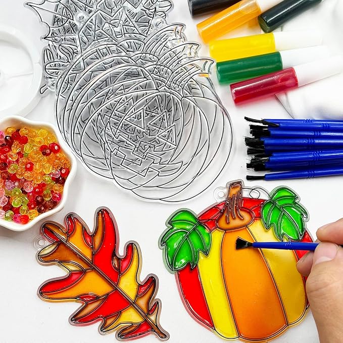 AUEKIV Fall Leaf Pumpkin Suncatcher Kit 32 Sets Pumpkin Suncatchers Window Art Paint DIY Craft Kits Autumn Maple Leaf Sun Catcher Bulk for Classroom Halloween Thanksgiving Party Art Project