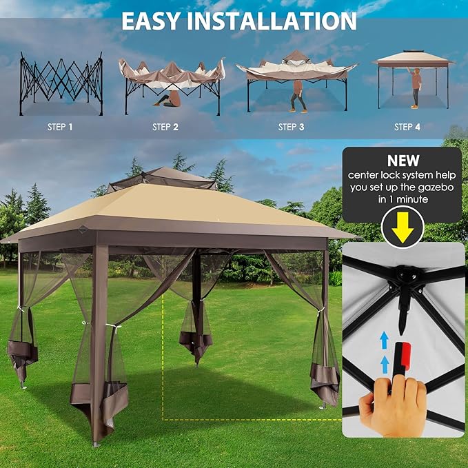 COBIZI Pop Up Gazebo 11x11 One-Push Canopy Tent, Carpas para Patio, Outdoor Canopy Shelter with Double Roof Ventiation 121 Square Feet of Shade for Lawn, Garden, Backyard and Deck,Brown(Upgraded 2.0)