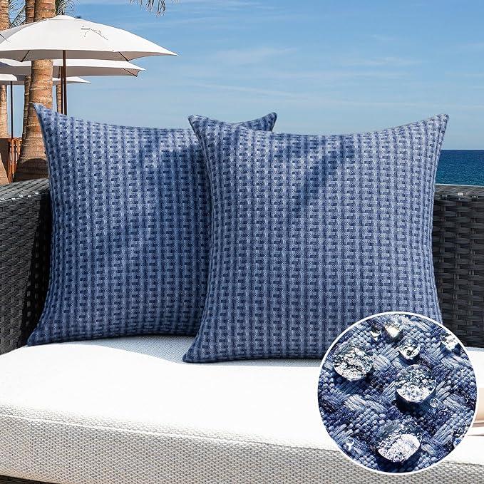 Kevin Textile Outdoor Waterproof 18"x18" Pillow Covers 2 Pack, Navy Blue | Water Resistant Weaving Faux Linen Texture Throw Pillow Covers, Outside Decorative Pillowcases for Garden Patio Balcony Couch