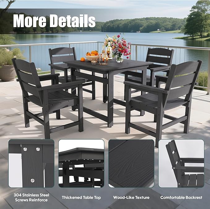 5 Piece Patio Dining Set,Patio Furniture Set for 4,Outdoor Table and Chairs with Umbrella Hole,All-Weather 36” Square Dining Table with Non-Slip Mat for Garden,Poolside,Backyard,Black