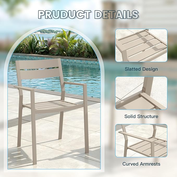 VICLLAX Patio 7 Pieces Outdoor Dining Set for 6, 63" Outdoor Rectangular Metal Dining Table with Umbrella Hole, 6 Stackable Chairs for Lawn, Garden, Porch, Sandshell