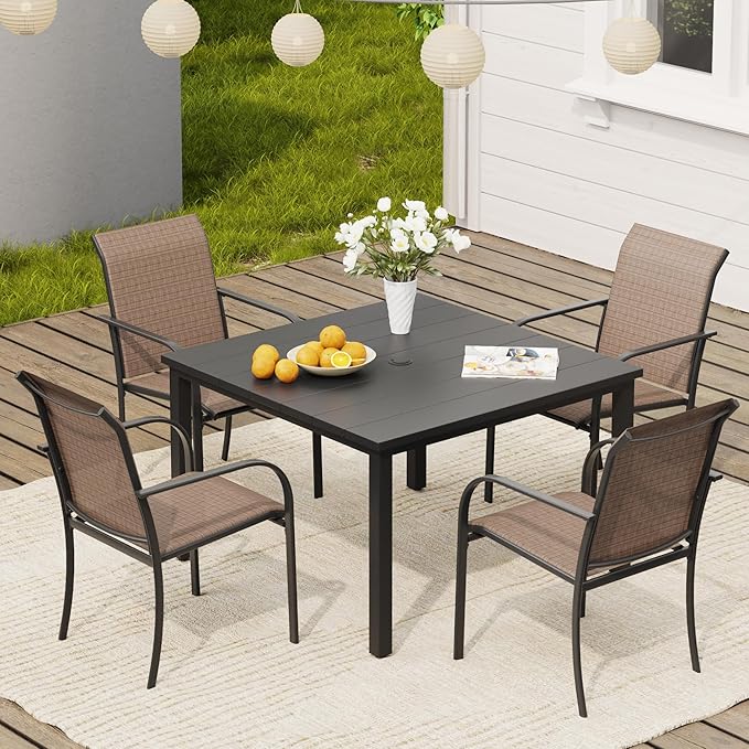 VICLLAX 5 Pieces Patio Dining Set, Patio Furniture Set of 4 Patio Stackable Dining Chairs and Outdoor Metal Square Table with Umbrella Hole for Backyard Lawn Garden, Brown Chairs and Black Table