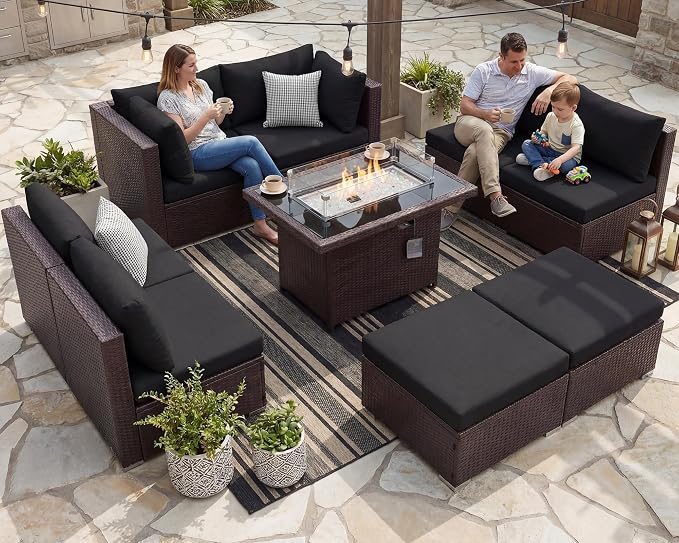 BULEXYARD 9 Piece Highback Patio Furniture Set with Fire Pit Table, Modern Modular Outdoor Sectional Couch Sofa with Ottoman, 8-Person Backyard Seating for Outside, Deck, Brown Wicker & Black Cushion