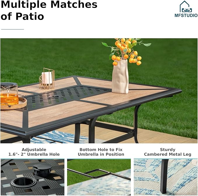 MFSTUDIO 7-Piece Patio Dining Set, 61.5" Metal Table, Swivel Chairs | Umbrella Hole, Seats 6, All-Weather Use