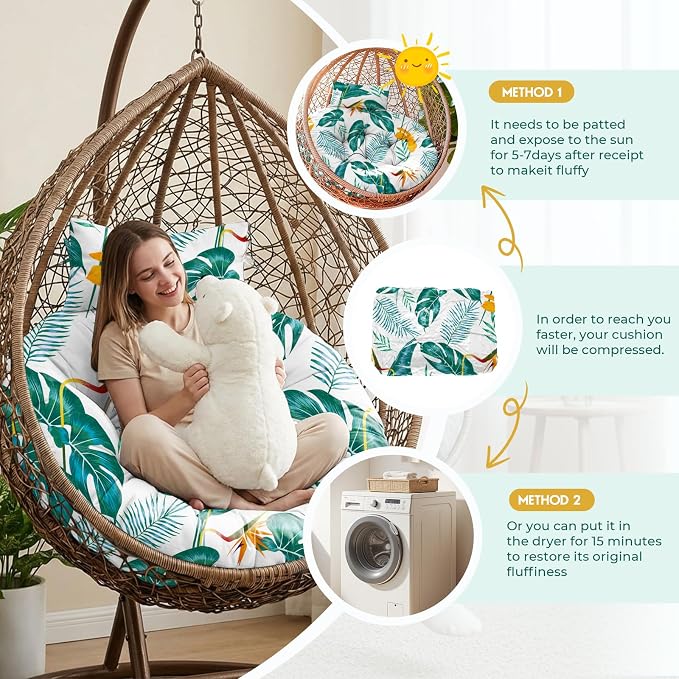 Outdoor 45" Round Egg Chair Cushion Replacement Waterproof Yellow Leaf | Thicken Pad with Headrest Pillow, Hanging Swing Wicker Egg Chair Cushions, Suitable for Garden Office