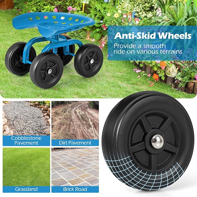 Garden Cart with Seat, Heavy-Duty Rolling Outdoor Wagon Scooter w/Height Adjustable & 360° Swivel Seat, Gardening Work Seat Stool, Patio Scooter on Wheels for Lawn Yard Planting (Blue)