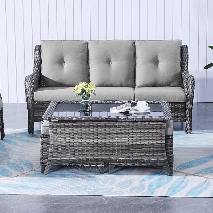 Belord Wicker Outdoor Furniture Patio Furniture Set - 6 Piece Patio Conversation Set with Swivel Rocker Chairs, Rattan Sofa, Ottomans and Coffee Table, Gray Cushion