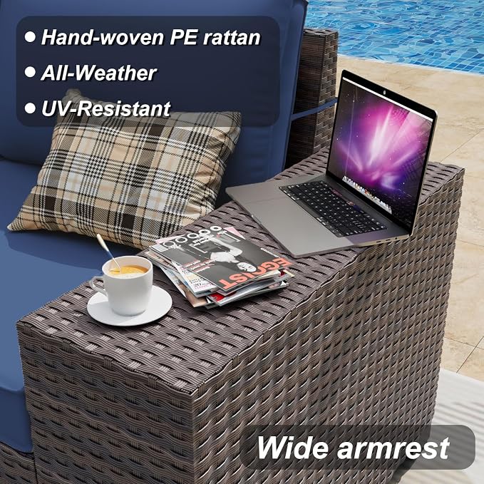 ALAULM 12 Pieces Outdoor Patio Furniture Set Sectional Sofa Sets Brown PE Rattan Patio Conversation Set w/10 Dark Blue Seat Cushions and 2 Coffee Tables