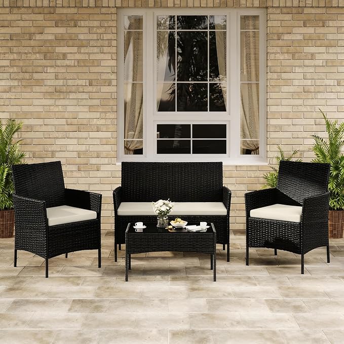 4-Piece Outdoor Furniture Set, PE Rattan Wicker Chairs with Soft Cushions & Tempered Glass Coffee Table - All-Weather Patio Set for Garden, Backyard, Porch, Poolside (Black/Beige)