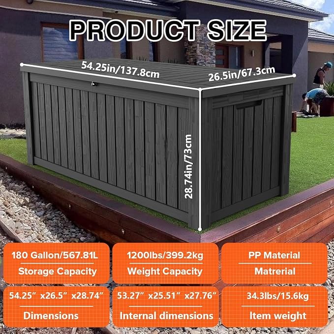 180 Gallon Deck Box Organizer, Doubles as 2-Person Bench Seat, Black – Large Resin Outdoor Storage and Seating with Lockable Lid for Garden, Pool, and Patio