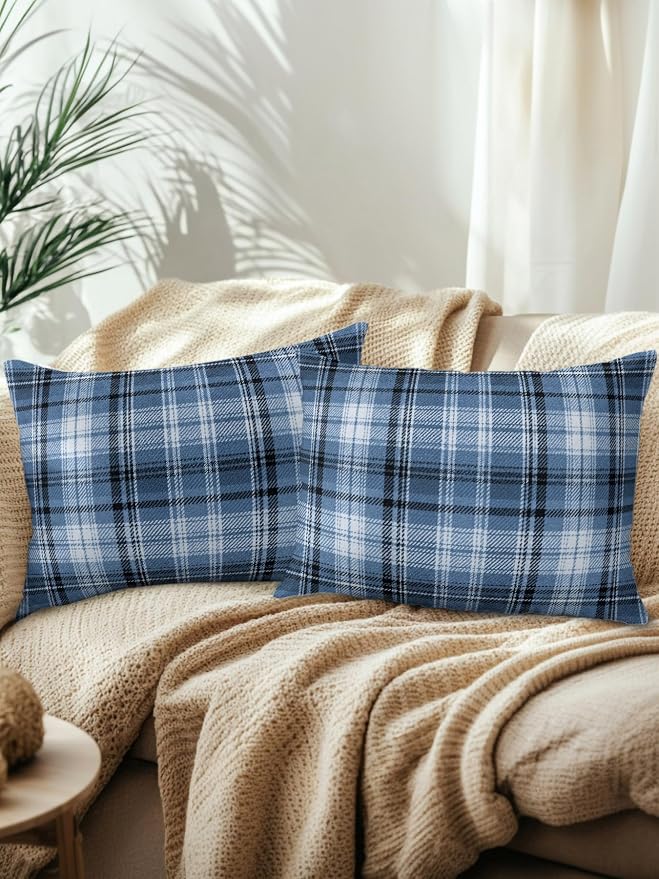 Waterproof Outdoor Pillow Set of 2 Blue Checked Plaid Decorative Throw Pillows Cover & Insert 20x12 Inch Lumbar Pillowcase Stripes Woven Grid Pillows for Couch Sofa Bed Patio Furniture Indoor Outdoor