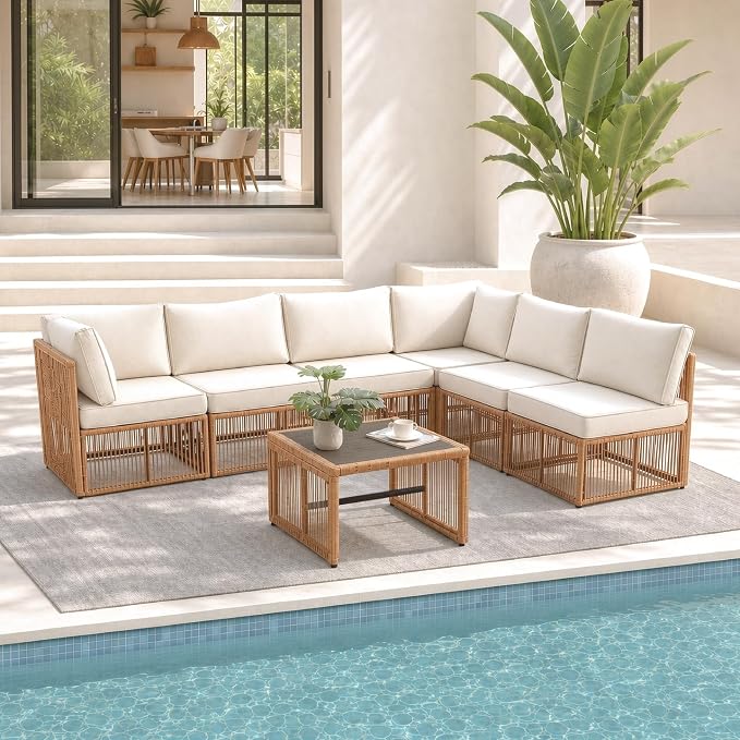 7 Piece Outdoor Patio Furniture Set, Wicker Sectional Sofa,Thick Cushions, All Weather Rattan Conversation Sets with Arm Chairs and Coffee Table for Backyard, Porch, Balcony, Deck, Garden