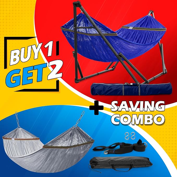 Tranquillo Combo x2 Hammocks with Stand for Outside & Tree Straps, Heavy Duty Hammock with Stand 600lbs for Indoor Outdoor Patio Backyard, x2 Hammocks for 2 Person (Combo - Blue, Medium)