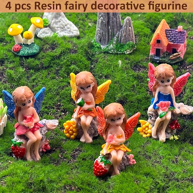 Suartus 4Pcs Miniature Fairy Garden Figurines, Resin Small Fairies Ornaments Mini Elf Statues for DIY Fairy Garden Outdoor Patio Yard Flower Pot Bonsai Micro Landscapes Craft Decoration Accessories