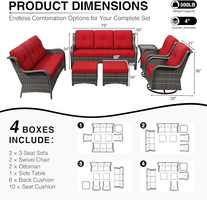 Joyside 7 Piece Wicker Patio Furniture Set, Outdoor Swivel Rocker Patio Chairs with High Back, Deep Seating, Wide Armrest, Thickened Cushions, Outdoor Furniture for Deck, Porch Use