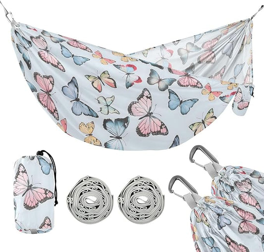 Camping Hammock Outdoor Hammocks for Outside Butterfly Pastel Blue Beach Trees Portable Lightweight with Pockets Tree Straps Indoor