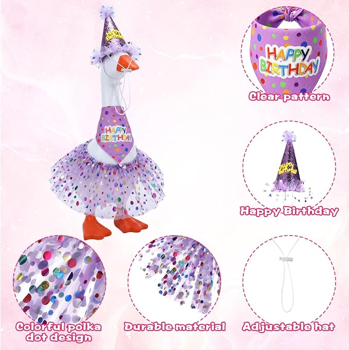 Porch Goose Outfits, Birthday Goose Outfits with Glitter Tutu Skirt, Birthday Hat and Bandana Valentine Porch Gooses Outfit for 23" 17" Outdoor Statue Patio Yard Lawn Art(Purple)