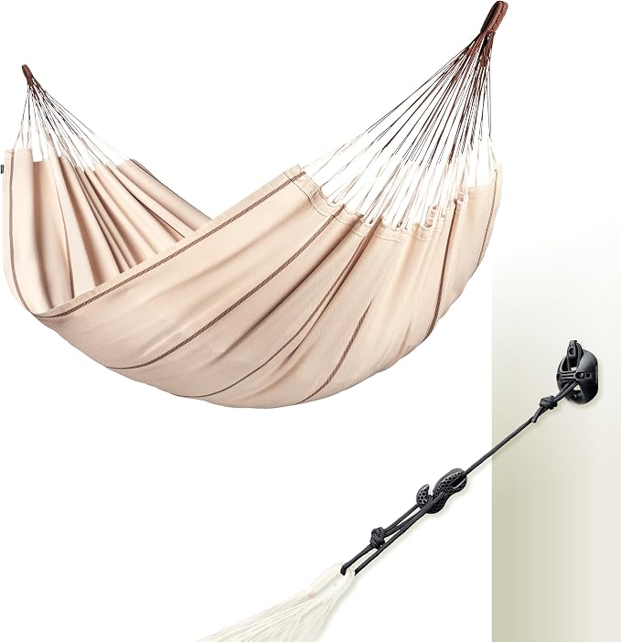 LA SIESTA® Modesta Organic Cotton Hammock & Wall Mount Kit for Walls Ceilings & Square Beams - Indoor Outdoor Hammock Swing, Portable Hammock for Outside Patio Bed - 2 Person Hammock, XL King, Nougat
