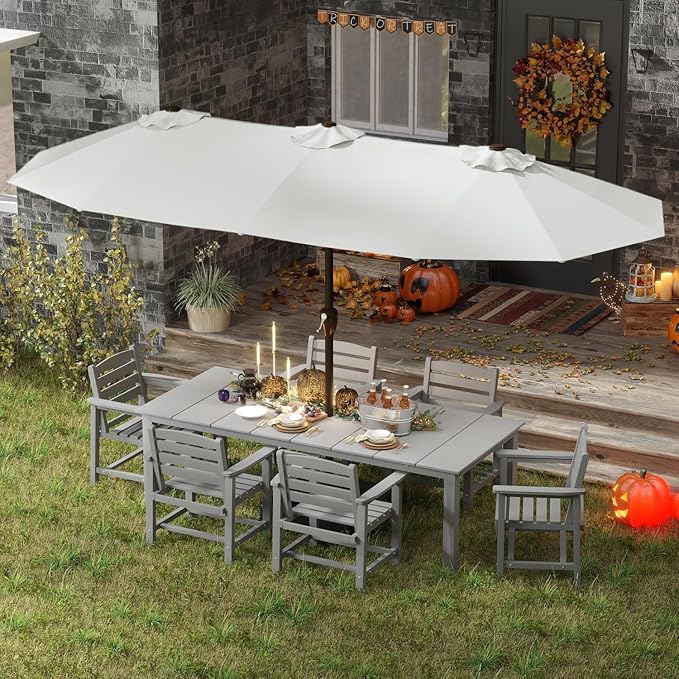 7-Piece Grey Outdoor Dining Set with White 15FT Large Patio Umbrella, 75.2'' HDPE Table & Chairs for 6, Weather-Resistant Furniture with Umbrella Hole for Patio, Lawn, Poolside