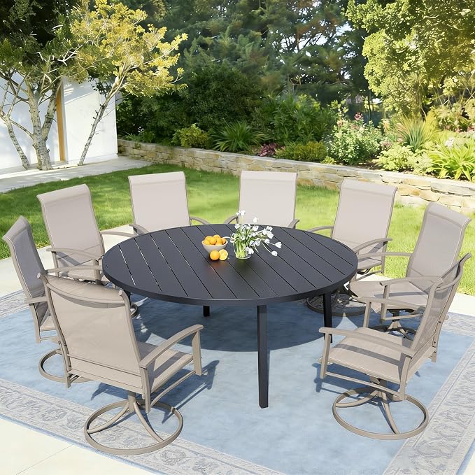9 Piece Patio Dining Set - Round Patio Table & 8 Swivel Rocking Patio Chairs, Outdoor Patio Furniture with Textilene Fabric High Back Chairs for 8 Person, Ivory