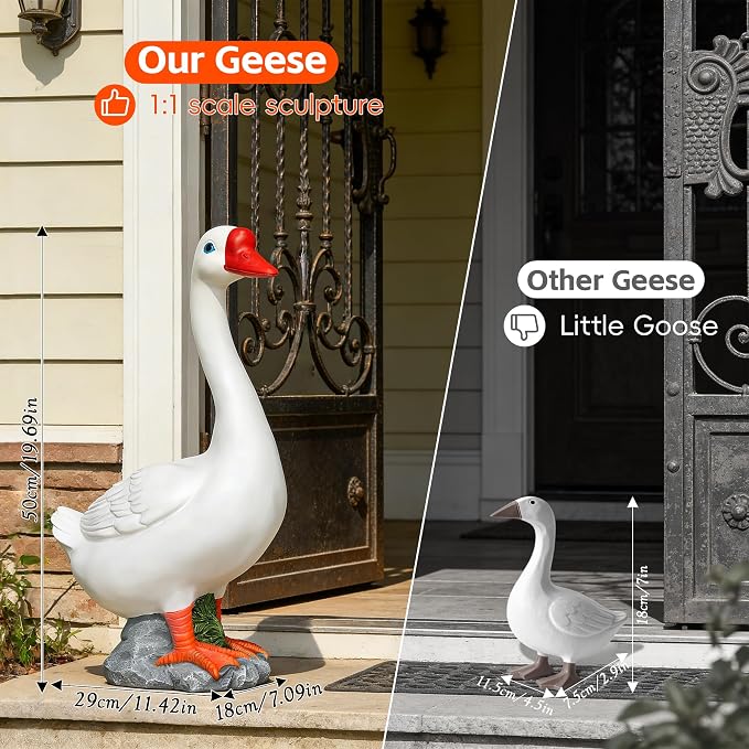 20" Large Porch Goose Statue Decor, White Lifelike Lawn Goose Sculpture ,Resin Indoor or Outdoor Decorative Figurine for Garden, Patio, Yard, Entryway Accent, Unique Housewarming Gift, Gifts for Mom