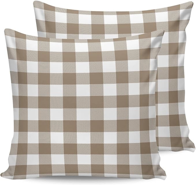 Outdoor Waterproof Throw Pillow Covers Set of 2 Light Brown Buffalo Check Plaid Pillowcases 16x16 Inches Farmhouse Style Patio Decorative Pillows Cushion Case Patio Pillows for Couch Bed Chair Garden