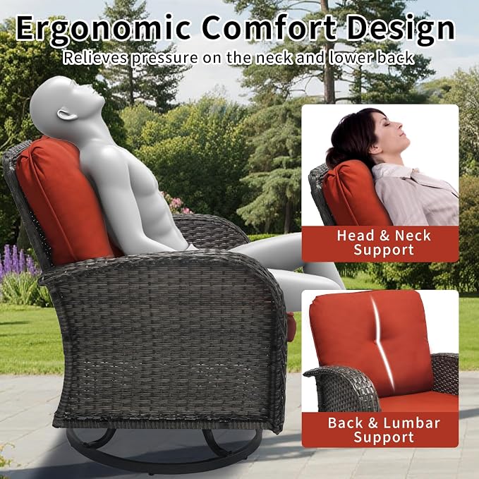 3 Piece Outdoor Swivel Rocker Patio Chairs, All-Weather Rattan Chair, Wicker Glider Patio Furniture Set with Side Table, for Garden, Backyard, Deck, Gray Rattan & Red Cushions