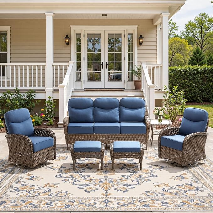 6-Piece Luxury Patio Furniture Set with 6-Inch Thick Cushions, High-Back Outdoor Swivel Rocker Chairs and Table, All-Weather Conversation Set for Porch, Deck, Balcony or Backyard – Blue