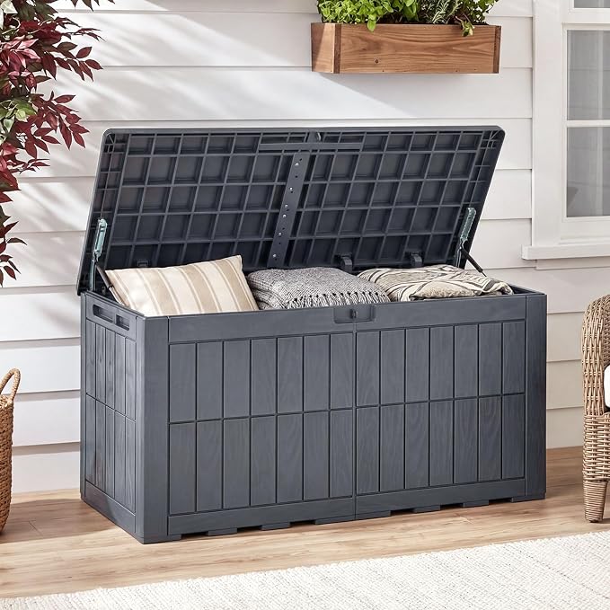 HAPPYGRILL 100 Gal Outdoor Deck Box, Lockable Storage Bin with Lid and Handles, Waterproof and Sun-Protective Patio Bench and Storage Box for Garden Tools Pool Supplies (Gray, 100Gallon)
