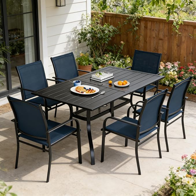 SUNCROWN 7 Pieces Outdoor Dining Set, Patio Furniture Set with 6 x Textilene Dinning Chairs and 1 Steel Slat Metal Bistro Table for Garden Lawn Backyard Deck (Dark Blue)