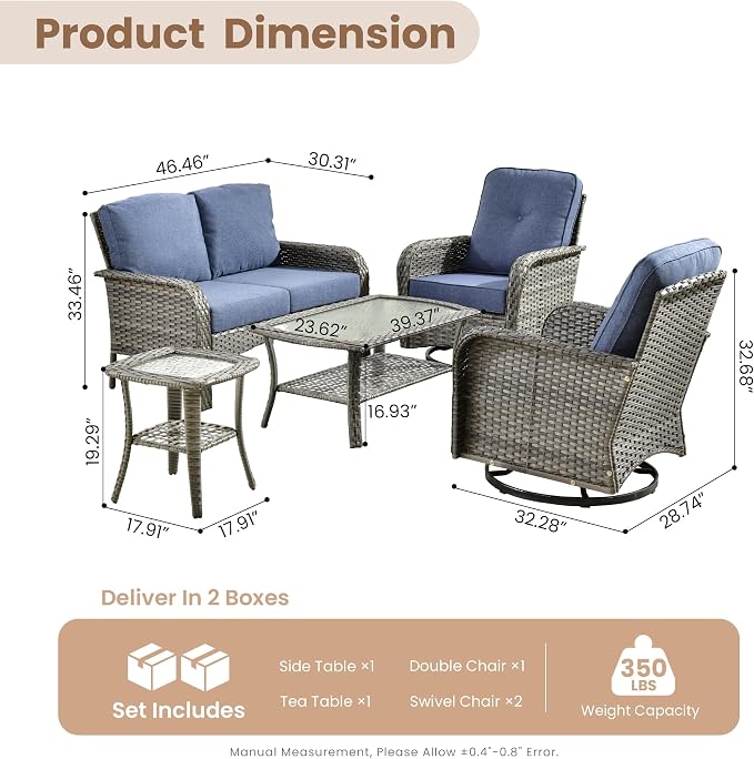 HOOOWOOO Patio Furniture Set,5 Pieces Outdoor Conversation Set,All Weather Wicker Loveseat Sofa Set with High Back Swivel Rocking Chairs Tables,Denim Blue