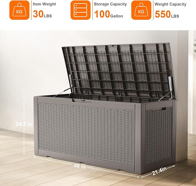 ROJIK 125 Gallon Waterproof Outdoor Deck Storage Box, Lockable Resin Patio Storage Bin with Lid for Garden Tools, Patio Cushions & Outdoor Accessories (Grey)