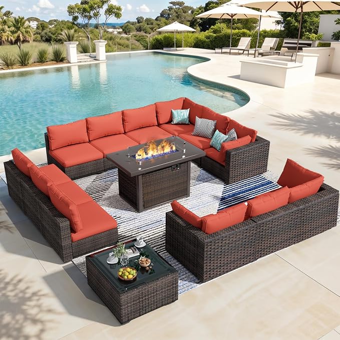 14 Piece Patio Furniture Set with Fire Pit Table, Outdoor Sectional Sofa PE Rattan, Patio Conversation Sets with Cushions for Garden Lawn Balcony Porch Deck Red
