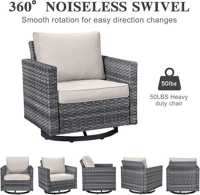 Belord Outdoor Bistro Set 3 Piece Wicker Swivel Rocker Patio Chairs, Oversize Outdoor Rattan Seating Set, Patio Swivel Glider Chairs Wicker Furniture with Metal Side Table for Porch Outside Backyard