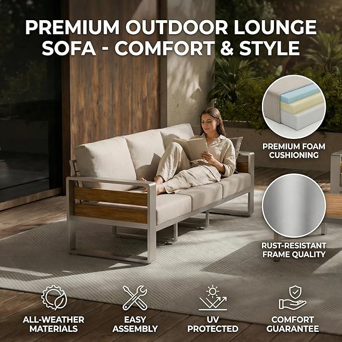 ZANDOR Aluminum Outdoor Patio Furniture Set with Table,7 Seat, Silver | Rustproof,High weight capacity,Water-repellent,Washable Cover,All-Weather Resistant,Easy clean,for Poolside Backyard Deck