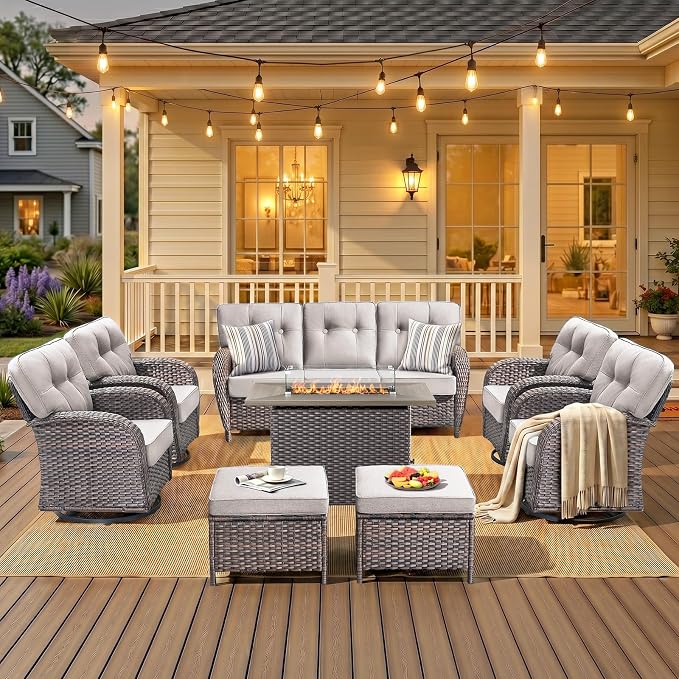 8 Piece Outdoor Patio Furniture Set with Fire Pit Table,Conversation Sectional Wicker Couch with Swivel Chairs,Modern Outside Sofa for Balcony Backyard, Brown/Beige