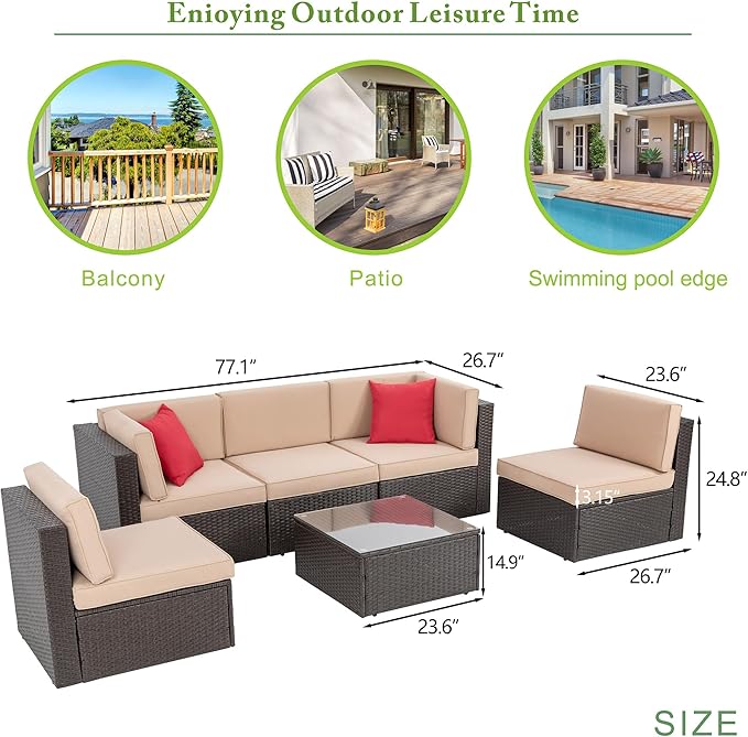 Vongrasig 6 Pieces Patio Furniture Set, Outdoor Sectional Patio Sofa Couch, PE Wicker Rattan Patio Set with Coffee Table for Garden, Backyard, Poolside (Beige)