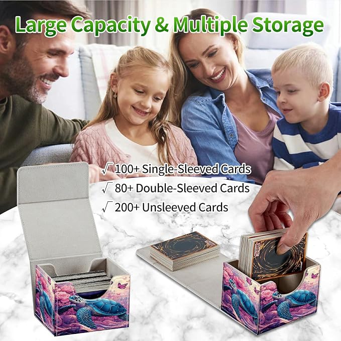 Card Deck Box for MTG, Cards Storage Box Fits 120+ Sleeved, Leather Small Size Strong Magnetic Closing Card Case for Board Games Magic TCG CCG Baseball Collection, Pink Flower Turtle