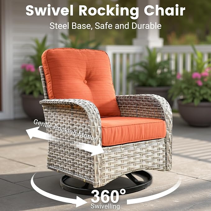 Outdoor Sectional Patio Furniture Set,9 Pieces All Weather Rattan Wicker Conversation Sets with Fire Pit,Out Door Furniture with Swivel Chairs Glowing Coffee Table,Orange Line