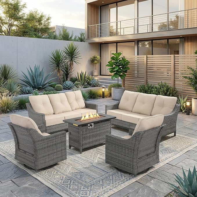 5 Piece Patio Furniture Set With Fire Pit Table, 360°Swivel Glider Patio Chairs Set of 2,Cozy 60,000 BTU Rectangular Fire Pit Table,2 Sofas, All-Weather Wicker Patio Set With 6 Inch Cushion for Porch