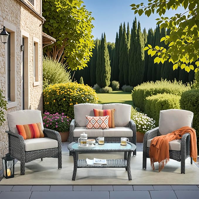 4 Pieces Wicker Patio Furniture - All-Weather PE Wicker Outdoor Conversation Bistro Set Loveseat Chairs with Table,Outdoor Rattan Sofa Chair High Back Deep Seating,Beige