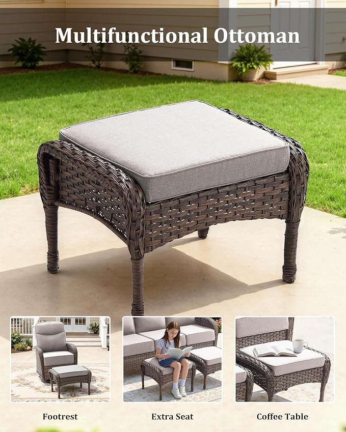 3-Piece Luxury Patio Furniture Sofa Set with 6-Inch Thick Cushions– Outdoor Wicker Conversation Set with Covered Couch, Multifunctional Ottoman & All-Weather Seating for Backyard, Porch, Garden Beige