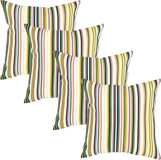 Outdoor Throw Pillows Set of 4,18×18,Waterproof for Coastal Patio | UV protected porch pillows fit balcony,outdoor dining area,lounge nook &indoor sofa for casual styling,Glade Rainbow Stripe.