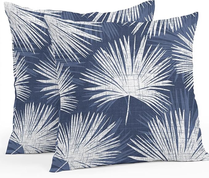 Throw Pillow Covers 24x24 Inch Set of 2, Navy Blue Palm Leaves Coastal Waterproof Outdoor Pillow Covers, Summer Tropical Botanical Decorative Cushion Pillowcases for Couch, Sofa, Bed, Garden, Patio