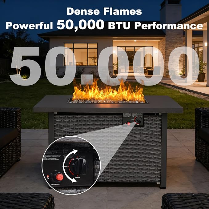 Patio Furniture Set, 7PCS Patio Sectional w/ Fire Pit Tabel Ottoman Wicker Rattan Outdoor Furniture with Thickened Cushion Modular Wicker Patio Conversation Set with Glass Top Table for Balcony (Grey)