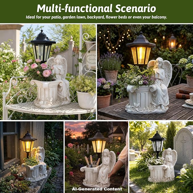 Solar Angel Outdoor Garden Statues with Lantern & Flower Pot | Resin Angel Figurines for Yard Lawn Porch Patio Balcony Decor- Gifts for Women Mom Grandma