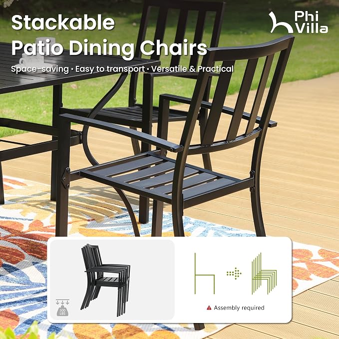 PHI VILLA Patio Dining Set,4 Stackable Chairs& 37" Square Metal Table | Outside Furniture Set for Patio, Deck, Backyard, Porch