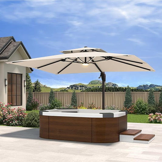 10' X 13' Cantilever Patio Umbrella with Led Lights Double Top Rectangular Outdoor Large Offset Umbrellas with 7 Tilts Adjustable 360°Rotation for Deck Pool Garden Backyard, Navy